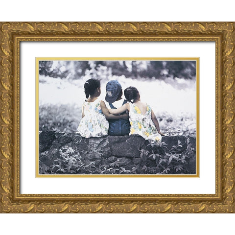 Three Kids Gold Ornate Wood Framed Art Print with Double Matting by Unknown