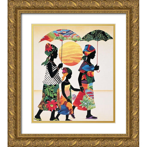 Umbrella Stroll Gold Ornate Wood Framed Art Print with Double Matting by Unknown