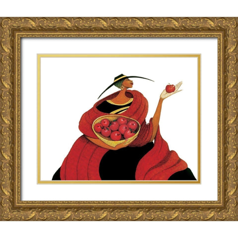 Basket of Apples Gold Ornate Wood Framed Art Print with Double Matting by Unknown