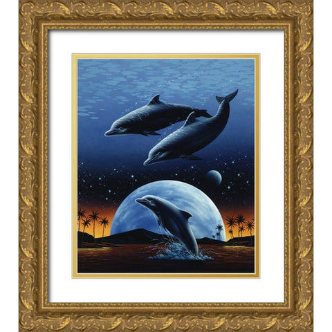 Porpoise and Moon I Gold Ornate Wood Framed Art Print with Double Matting by Unknown