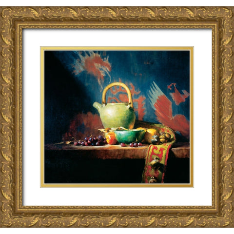 Green Teapot Gold Ornate Wood Framed Art Print with Double Matting by Unknown