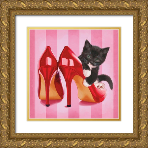 Chaton et chaussures Gold Ornate Wood Framed Art Print with Double Matting by Cazenave, Maryline