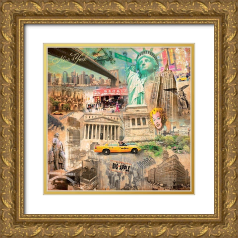 New York Big Apple Gold Ornate Wood Framed Art Print with Double Matting by BRAUN Studio