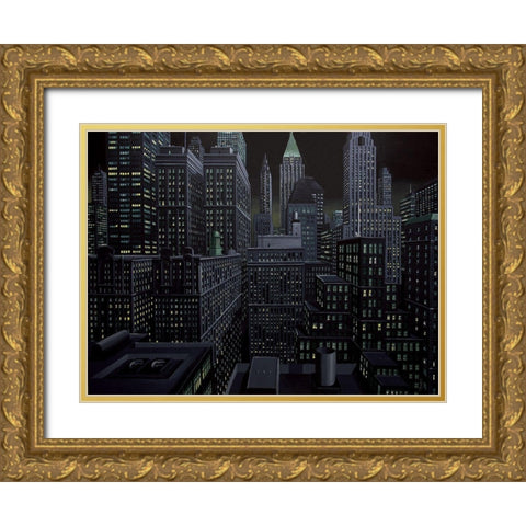 South Manhattan night Gold Ornate Wood Framed Art Print with Double Matting by Peyret, Eric