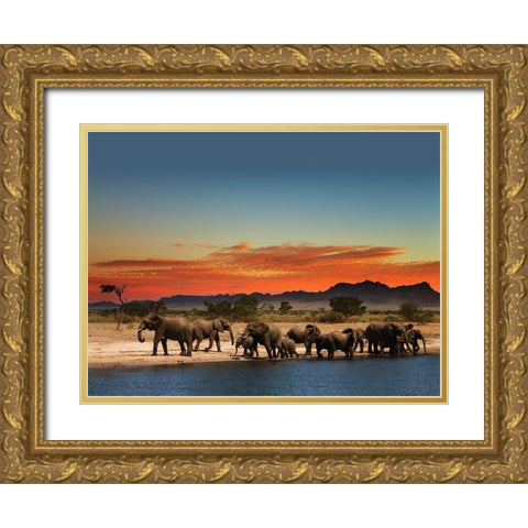 Elephants at sunset Gold Ornate Wood Framed Art Print with Double Matting by Braun Studio