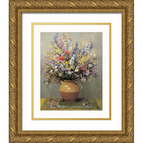 Bouquet dans un vase de gres Gold Ornate Wood Framed Art Print with Double Matting by DYF