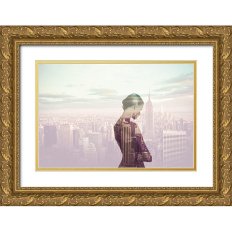 Femme pensive Ã  New York Gold Ornate Wood Framed Art Print with Double Matting by Braun Studio