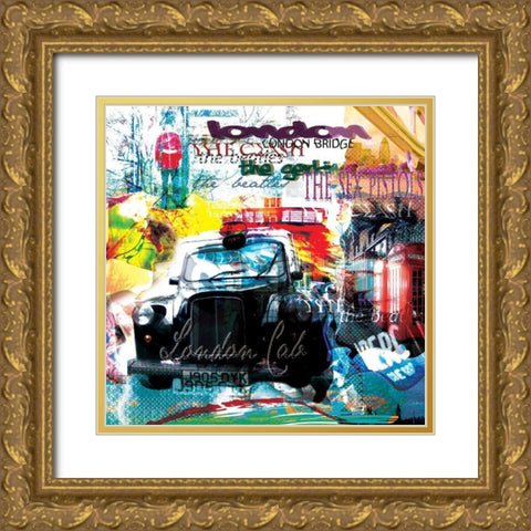 London cab Gold Ornate Wood Framed Art Print with Double Matting by Kaly