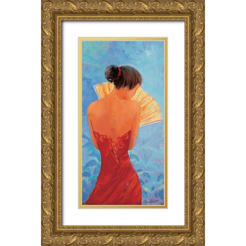 Femme a leventail Gold Ornate Wood Framed Art Print with Double Matting by Goubault, Francis