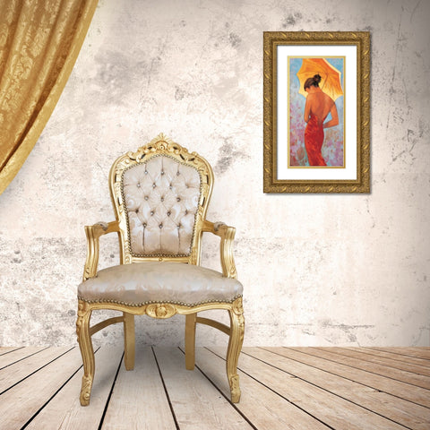 Femme a lombrelle Gold Ornate Wood Framed Art Print with Double Matting by Goubault, Francis