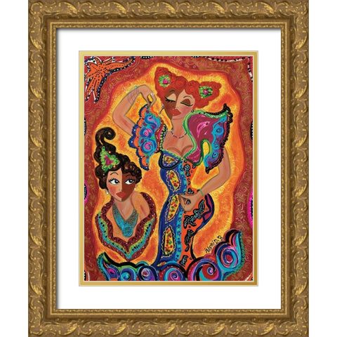 Les flamencas Gold Ornate Wood Framed Art Print with Double Matting by Ingrid, B.