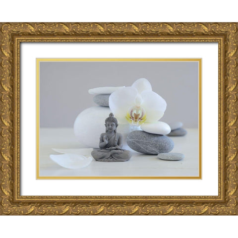 Bouddha grey Gold Ornate Wood Framed Art Print with Double Matting by Chatelain, Sonia