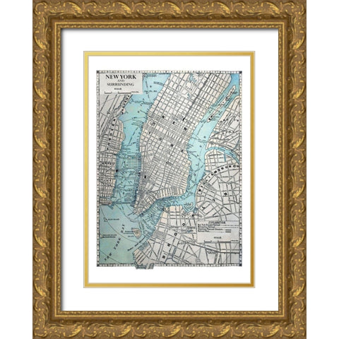 New York Map Gold Ornate Wood Framed Art Print with Double Matting by Braun Studio