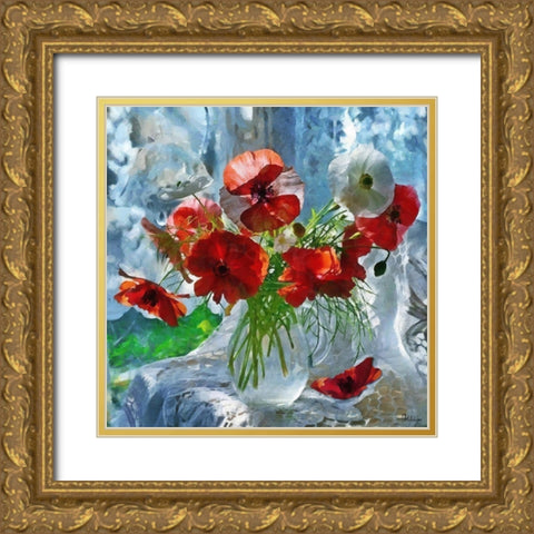Poppies in Glass Vase Gold Ornate Wood Framed Art Print with Double Matting by Medeiros, Celito
