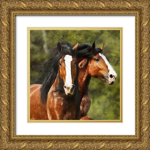 Two brown Horses Gold Ornate Wood Framed Art Print with Double Matting by Medeiros, Celito
