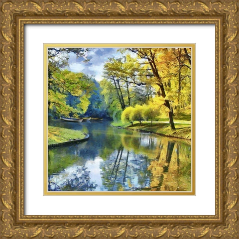 Boats on the Slowly River Gold Ornate Wood Framed Art Print with Double Matting by Medeiros, Celito