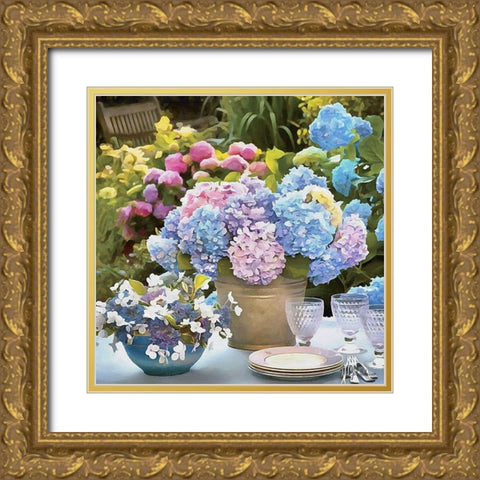Hydrangeas in the Vase Gold Ornate Wood Framed Art Print with Double Matting by Medeiros, Celito