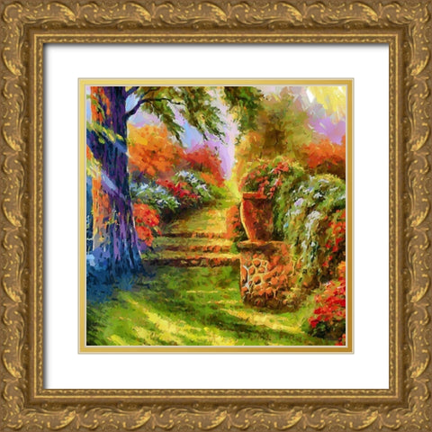 Steps in Garden Gold Ornate Wood Framed Art Print with Double Matting by Medeiros, Celito