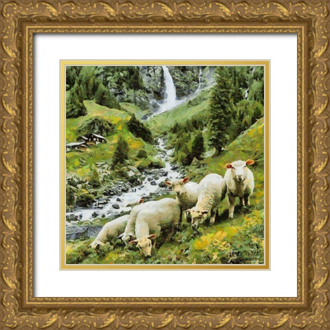 Sheeps in Alps Gold Ornate Wood Framed Art Print with Double Matting by Medeiros, Celito