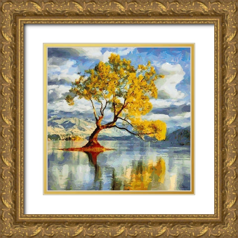 Tree in the Lake Gold Ornate Wood Framed Art Print with Double Matting by Medeiros, Celito