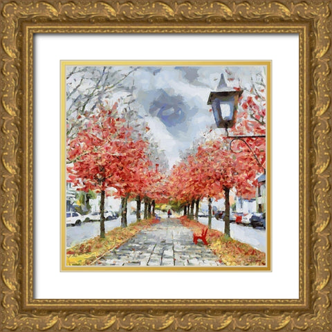 Red Bench Gold Ornate Wood Framed Art Print with Double Matting by Medeiros, Celito