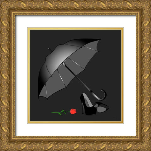 Umbrella BW Gold Ornate Wood Framed Art Print with Double Matting by Medeiros, Celito