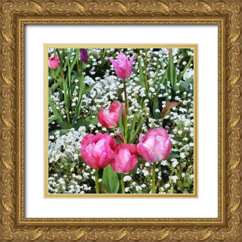 Pink Tulips in Garden Gold Ornate Wood Framed Art Print with Double Matting by Medeiros, Celito