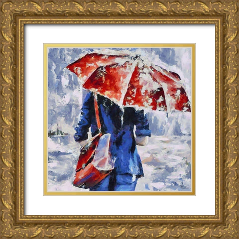 Blue Dress, Red Umbrella Gold Ornate Wood Framed Art Print with Double Matting by Medeiros, Celito