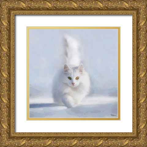 White Cat Gold Ornate Wood Framed Art Print with Double Matting by Medeiros, Celito
