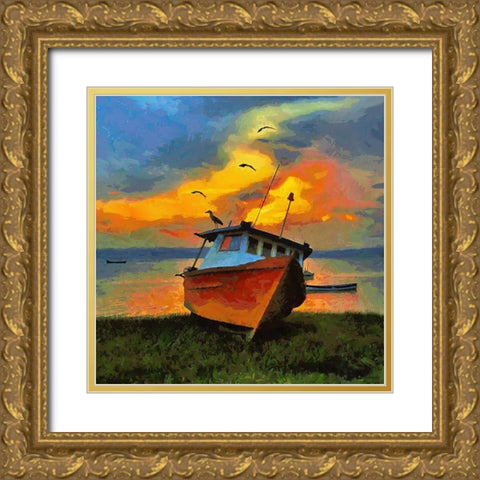 Boath with Birds Gold Ornate Wood Framed Art Print with Double Matting by Medeiros, Celito