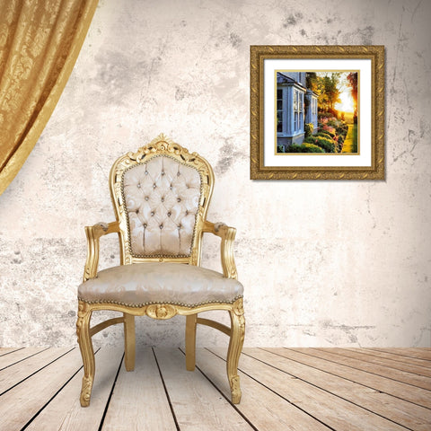 Sunrise in Garden with white House Gold Ornate Wood Framed Art Print with Double Matting by Medeiros, Celito