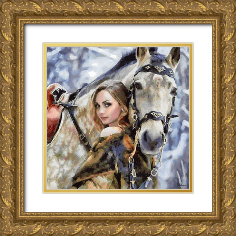 Girl with White Horse Gold Ornate Wood Framed Art Print with Double Matting by Medeiros, Celito