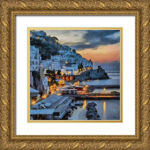 Santorini View Gold Ornate Wood Framed Art Print with Double Matting by Medeiros, Celito