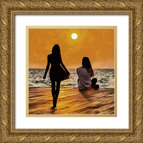 Two girls by sunset Gold Ornate Wood Framed Art Print with Double Matting by Medeiros, Celito