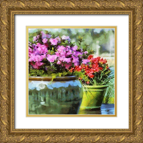 Pink and Red flowers in the Pot Gold Ornate Wood Framed Art Print with Double Matting by Medeiros, Celito