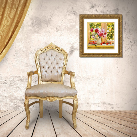 Pink Flowers by the Window Gold Ornate Wood Framed Art Print with Double Matting by Medeiros, Celito