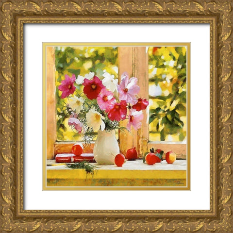 Pink Flowers by the Window Gold Ornate Wood Framed Art Print with Double Matting by Medeiros, Celito