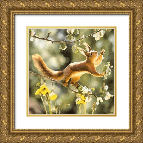 Happy Squirrel Gold Ornate Wood Framed Art Print with Double Matting by Medeiros, Celito