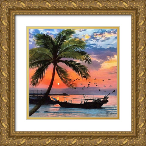 Sunset under Palm Tree Gold Ornate Wood Framed Art Print with Double Matting by Medeiros, Celito