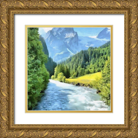 River in Mountains Gold Ornate Wood Framed Art Print with Double Matting by Medeiros, Celito