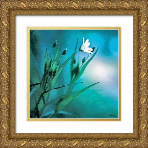 Flowers on Turquiese Background II Gold Ornate Wood Framed Art Print with Double Matting by Medeiros, Celito