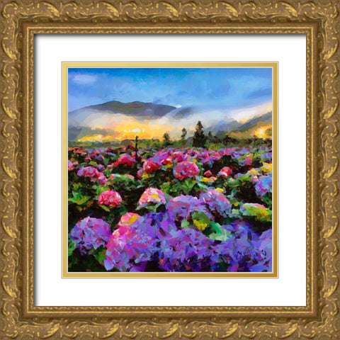 Field with pink Flowers Gold Ornate Wood Framed Art Print with Double Matting by Medeiros, Celito