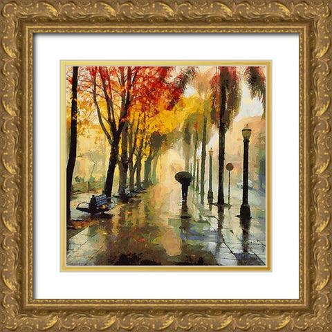 Rainy Day in the City Gold Ornate Wood Framed Art Print with Double Matting by Medeiros, Celito