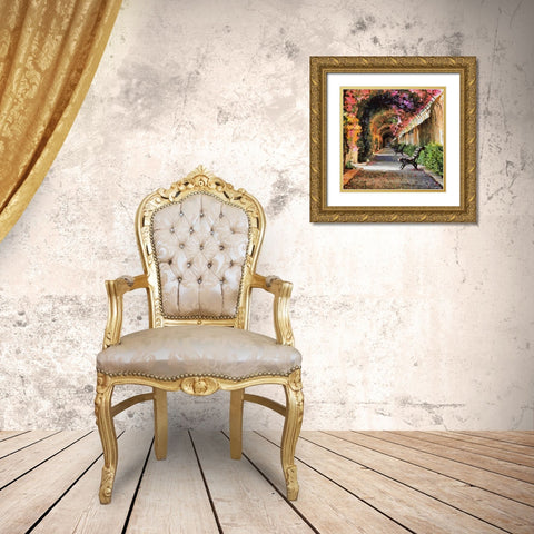 Benches under Blossoming Trees Gold Ornate Wood Framed Art Print with Double Matting by Medeiros, Celito