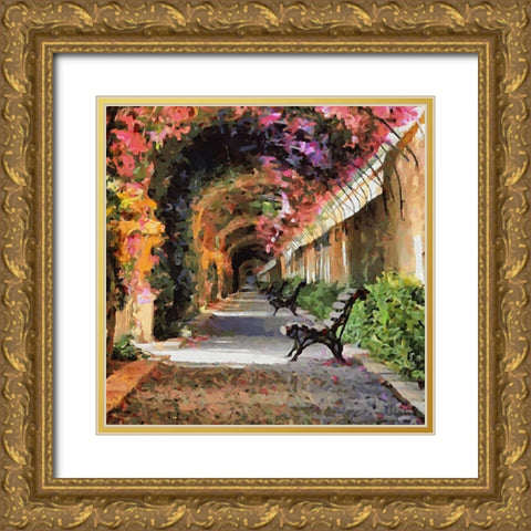 Benches under Blossoming Trees Gold Ornate Wood Framed Art Print with Double Matting by Medeiros, Celito