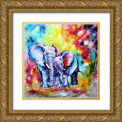 Elephant with a Baby Gold Ornate Wood Framed Art Print with Double Matting by Kovacs, Anna Brigite