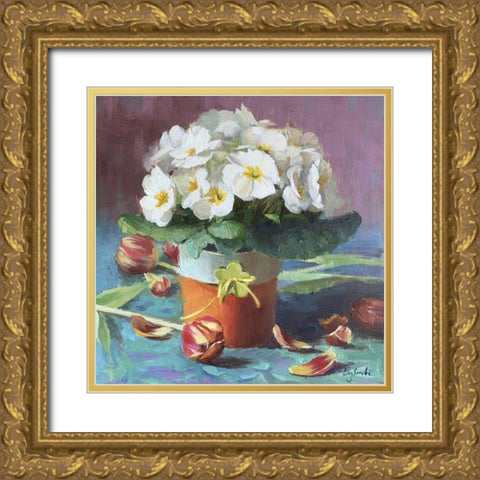 White Primrose Gold Ornate Wood Framed Art Print with Double Matting by Strube, Ling