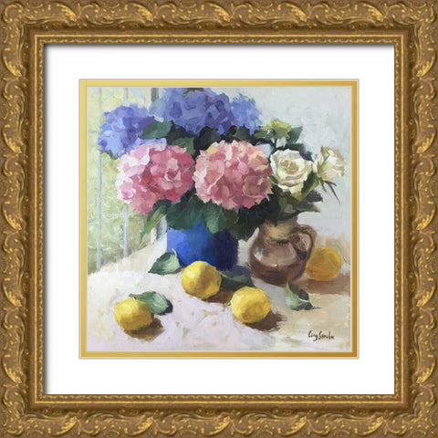 Hydrangeas and Still Life Gold Ornate Wood Framed Art Print with Double Matting by Strube, Ling