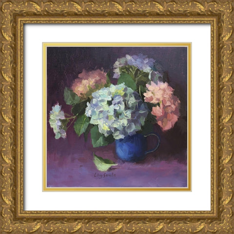 Hydrangeas in Vase Gold Ornate Wood Framed Art Print with Double Matting by Strube, Ling