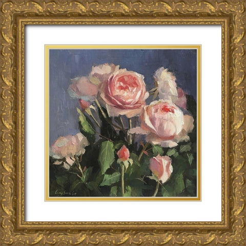 Garden Roses Gold Ornate Wood Framed Art Print with Double Matting by Strube, Ling